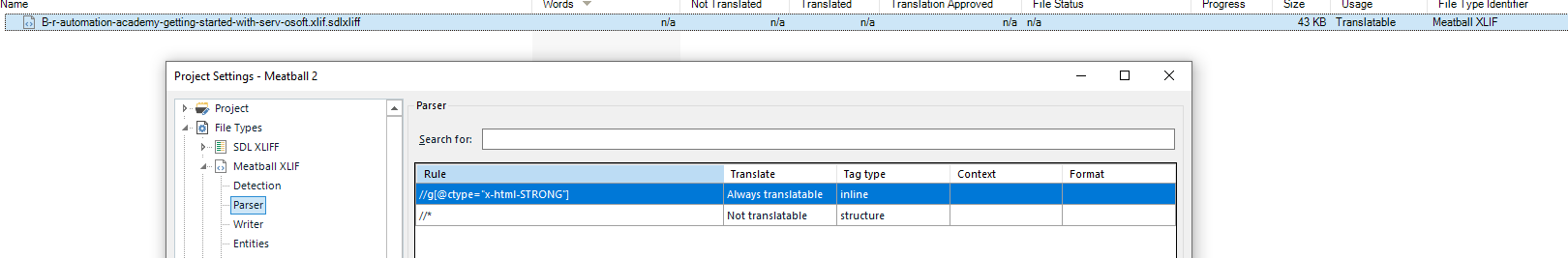 Trados Studio Project Settings showing parser rules for XML tags with 'x-html-STRONG' treated as inline.
