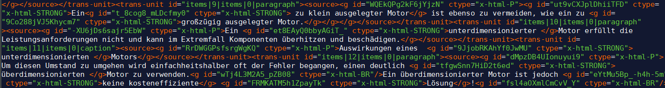 Code snippet of XLF file contents with XML tags, including 'x-html-STRONG' for text emphasis.