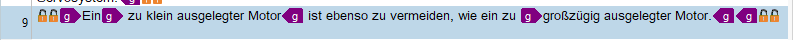 Translation editor in Trados Studio displaying text 'zu klein ausgelegter Motor' with 'g' tags as inline.