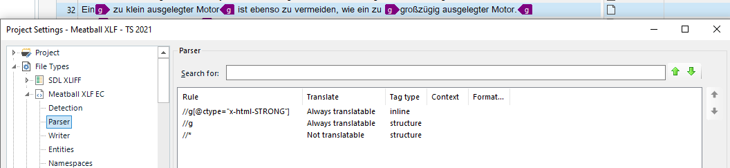 Trados Studio 2021 Project Settings showing parser rules with 'x-html-STRONG' tags treated as inline.