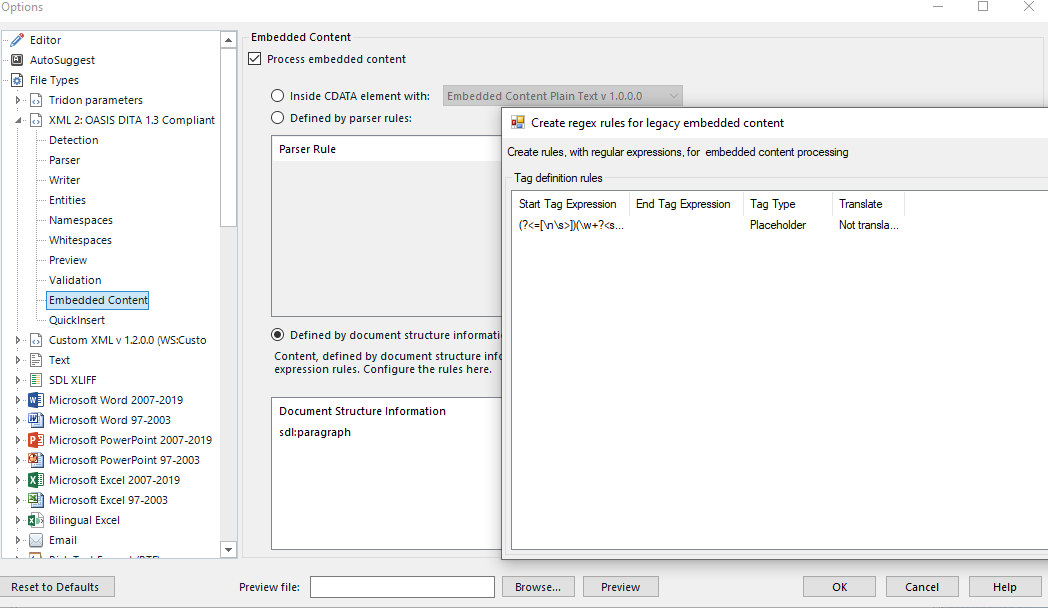Trados Studio screenshot showing the Embedded Content settings with options for processing embedded content, including CDATA element and parser rules.