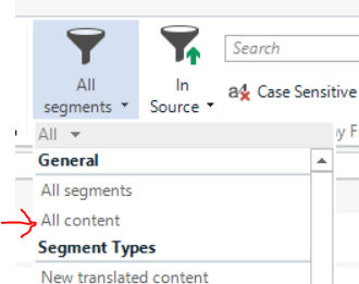 Trados Studio screenshot showing the filter options with 'All content' selected, indicated by a red arrow.