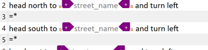 Screenshot of an Excel file showing two rows of navigation instructions with placeholders for street names. Both rows have a purple warning icon indicating a potential issue with the text.