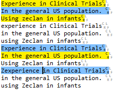 Screenshot of text highlighted by a regex tool. Highlighted phrases include 'Experience in Clinical Trials' and 'In the general US population.' No visible errors or warnings.