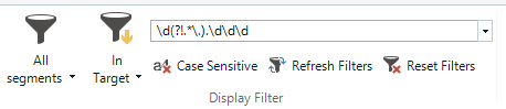 Screenshot of a display filter interface with a regex pattern entered in the text field, options for 'All segments' and 'In Target' selected, and buttons for 'Case Sensitive', 'Refresh Filters', and 'Reset Filters'.