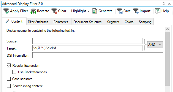 Screenshot of an Advanced Display Filter 2.0 interface with a regex pattern entered in the 'Target' field, options for 'Apply Filter', 'Reverse', 'Clear', 'Highlight', 'Generate', 'Save', 'Import', and 'Help'. 'Regular Expression' checkbox is ticked.