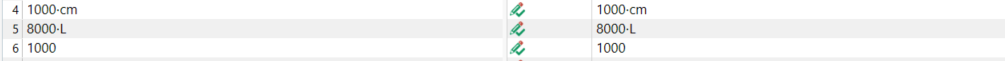 Screenshot displaying three rows of data without checkmarks, indicating they were not detected or did not match the search criteria. The rows contain a numeric code with a unit suffix, such as 'cm' and 'L'.