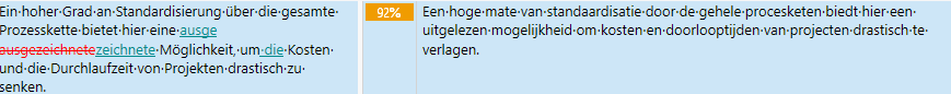 Screenshot showing a text comparison with a 92% match. The source text in German contains optional hyphens, while the target text does not, leading to a reduced match value.