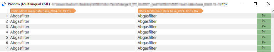 Screenshot of a preview window in a software interface showing multiple entries of the German term 'Abgasfilter' extracted from a TBX file, indicating an issue with term extraction.