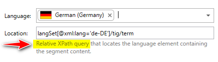 Screenshot of a software interface with a dropdown menu for language selection set to German (Germany) and a highlighted relative XPath query.