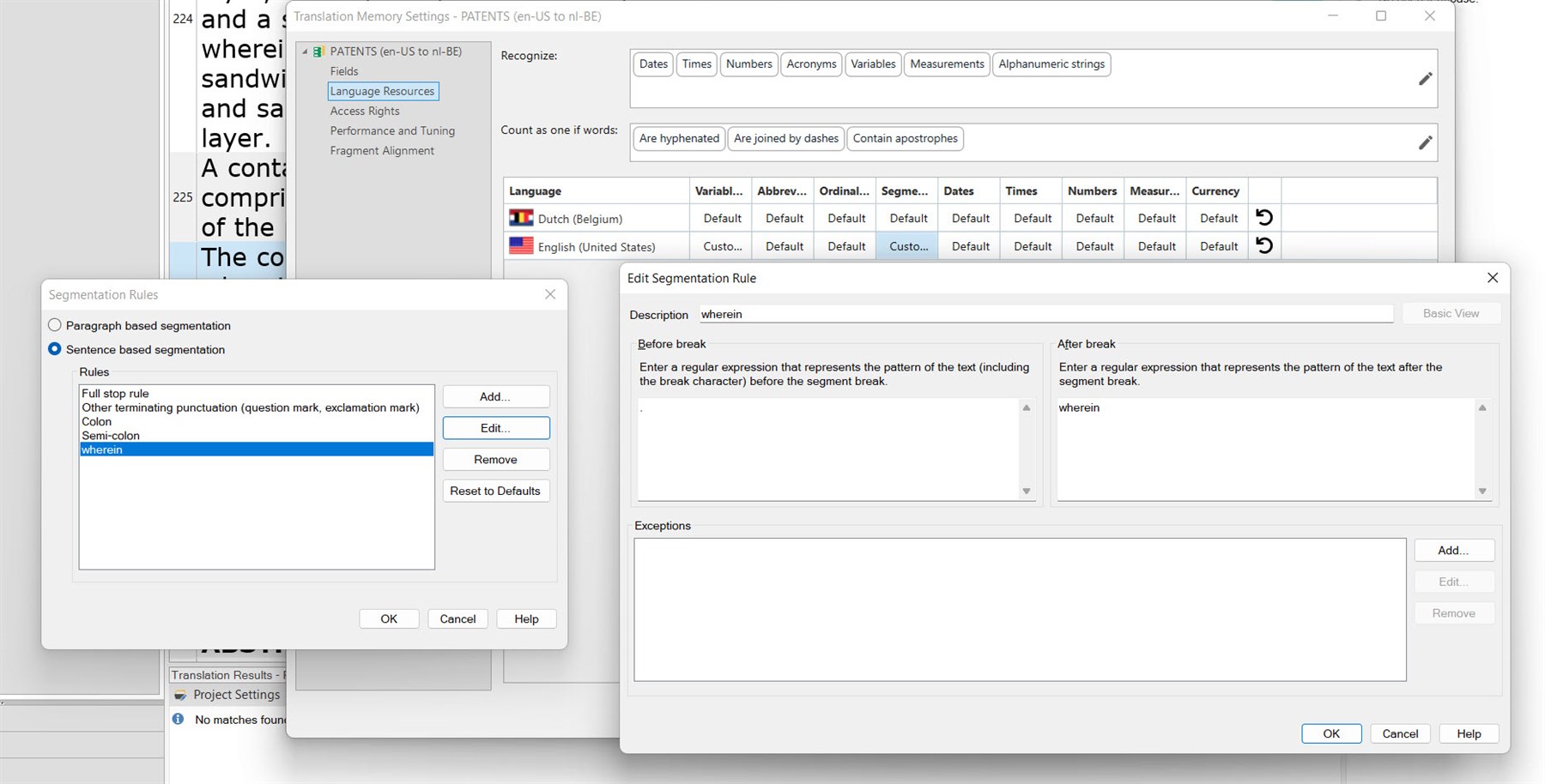 Trados Studio screenshot showing the Segmentation Rules dialog with a custom rule added for the word 'wherein'. The rule is highlighted, and the Edit Segmentation Rule window is open with 'wherein' entered in both Before break and After break fields.