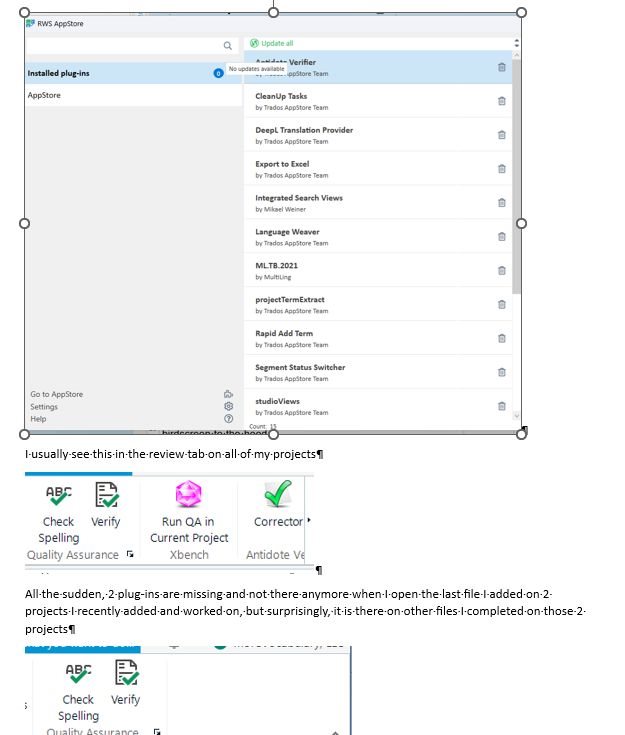 Screenshot of Trados Studio's installed plug-ins list, showing various plug-ins like 'Acrolinx - Verifier' and 'DeepL Translation Provider'. No visible errors or warnings.