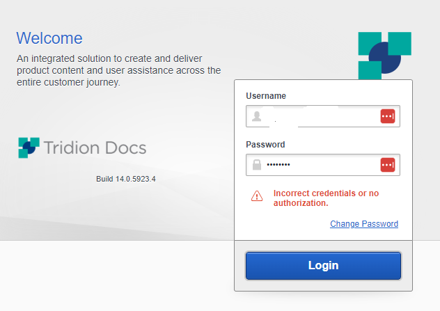 Login screen of Tridion Docs with an error message 'Incorrect credentials or no authorization.' Username and password fields are visible with a 'Login' button and a 'Change Password' link.