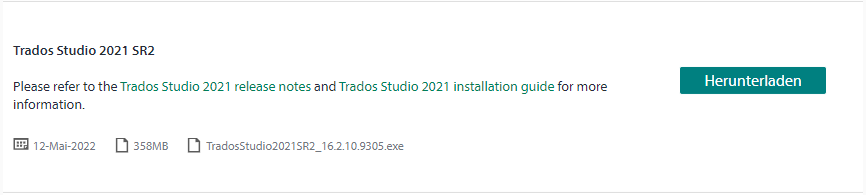 Trados Studio 2021 SR2 download section with a link to release notes, installation guide, and a download button labeled 'Herunterladen'. File size is 358MB.