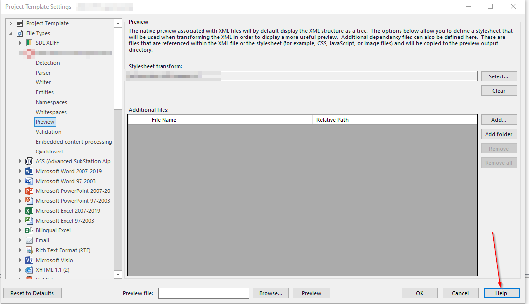 Trados Studio screenshot showing the 'Project Template Settings' window with 'Preview' tab selected. A 'Help' button is highlighted at the bottom right corner.