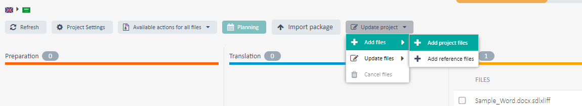 Screenshot of GroupShare WebUI showing project options. 'Add files' and 'Add reference files' dropdowns are visible with one reference file listed as 'Sample_Word.docx.sdlxliff'.