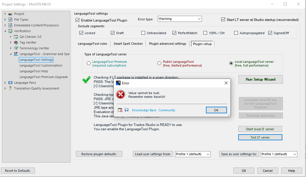 Screenshot of LanguageTool settings in Trados Studio with an error dialog box stating 'Value cannot be null. Parameter name: baseUrl'. A green checkmark indicates LT package is installed correctly.