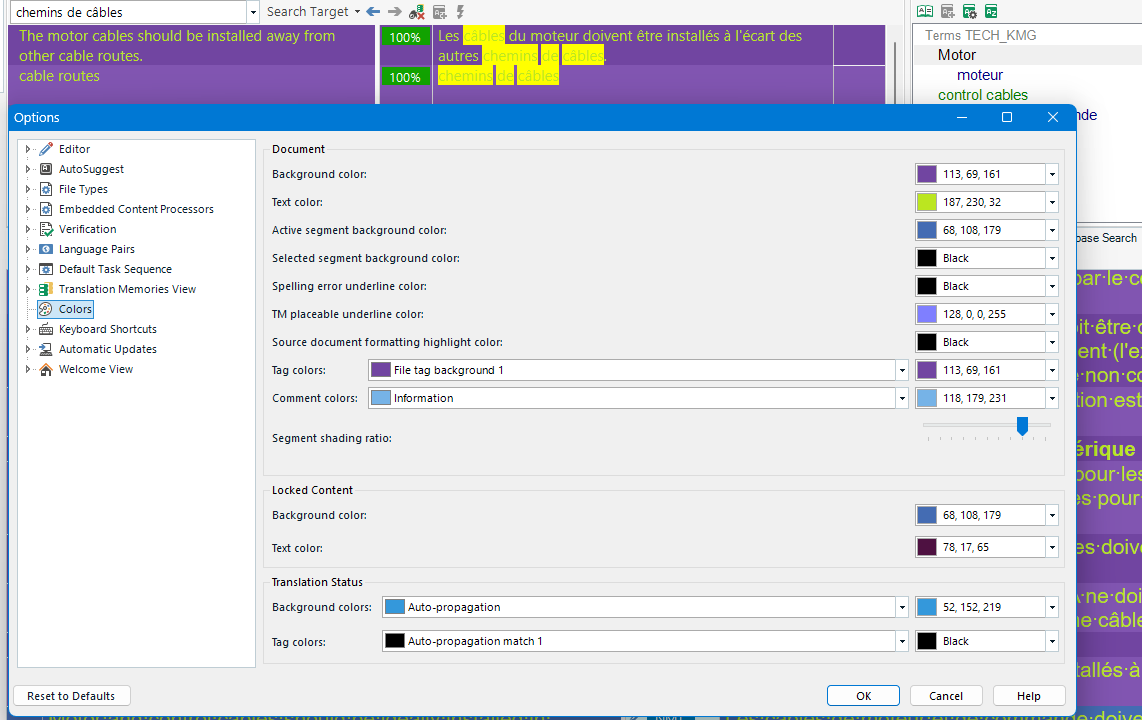 Screenshot of a software interface with a settings menu open, showing color options for 'Concordance Search' not matching the highlighted text in the background document.