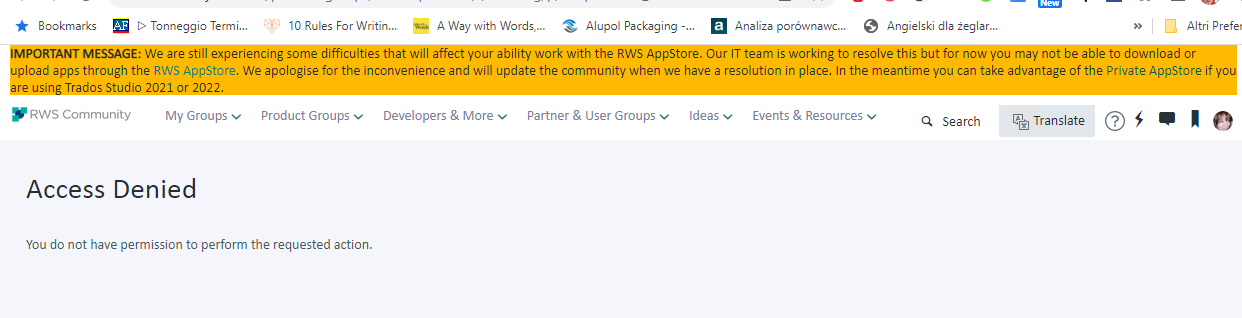 Screenshot of Trados Studio error message stating 'Access Denied. You do not have permission to perform the requested action.' with an important message banner about RWS AppStore difficulties.