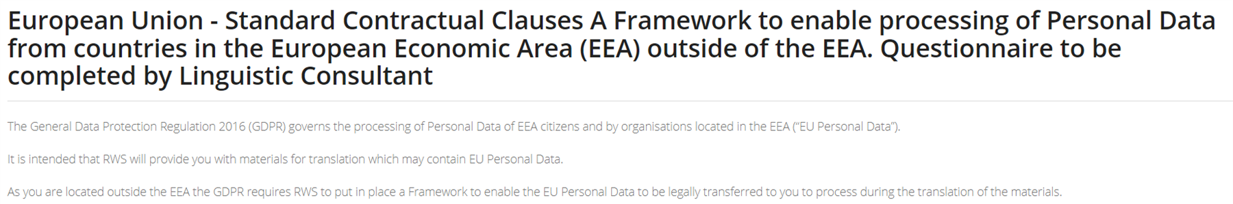 Header of a document titled 'European Union - Standard Contractual Clauses A Framework to enable processing of Personal Data from countries in the European Economic Area (EEA) outside of the EEA. Questionnaire to be completed by Linguistic Consultant'.