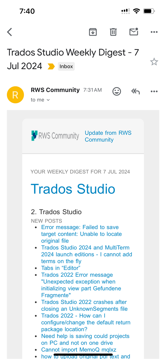 Email screenshot showing 'Trados Studio Weekly Digest - 7 Jul 2024' from RWS Community. The email lists various new posts with topics like error messages, software crashes, and configuration queries.