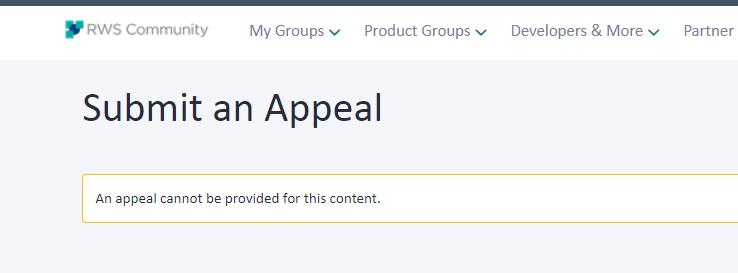 RWS Community webpage with a message 'Submit an Appeal' followed by an error 'An appeal cannot be provided for this content.'