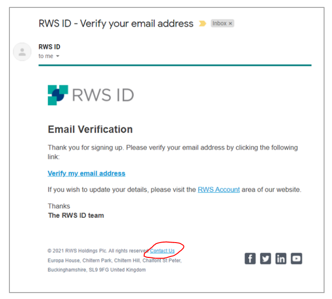 Email from RWS ID with subject 'Verify your email address' asking to verify email by clicking a link and a 'Contact Us' link highlighted at the bottom.