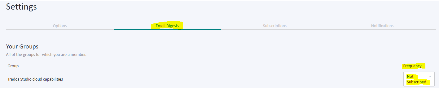 Settings page with 'Email Digests' tab selected, showing 'Not Subscribed' option highlighted in yellow for a group.