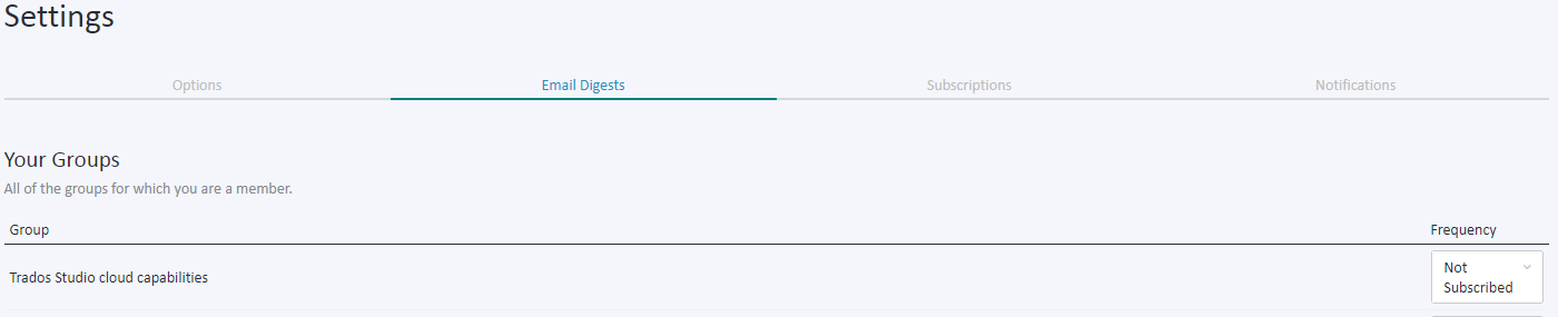 Screenshot of the 'Email Digests' tab in profile settings showing a user is not subscribed to any group under 'Your Groups'.