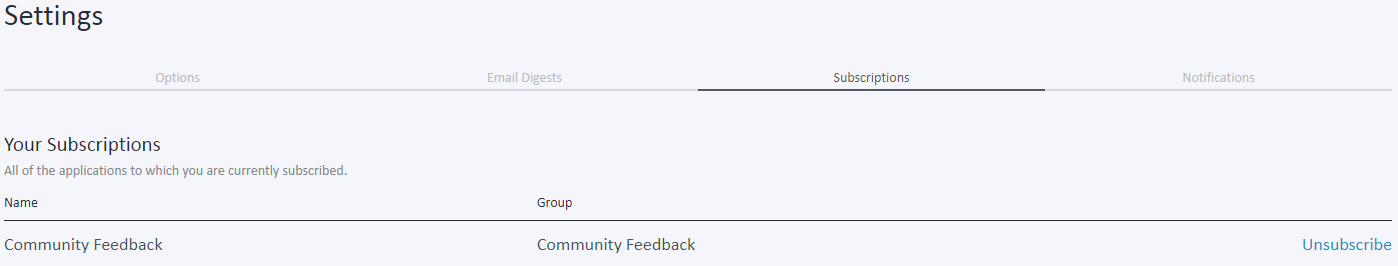 Screenshot of the 'Subscriptions' tab in profile settings showing the user is subscribed to 'Community Feedback' with an 'Unsubscribe' option.