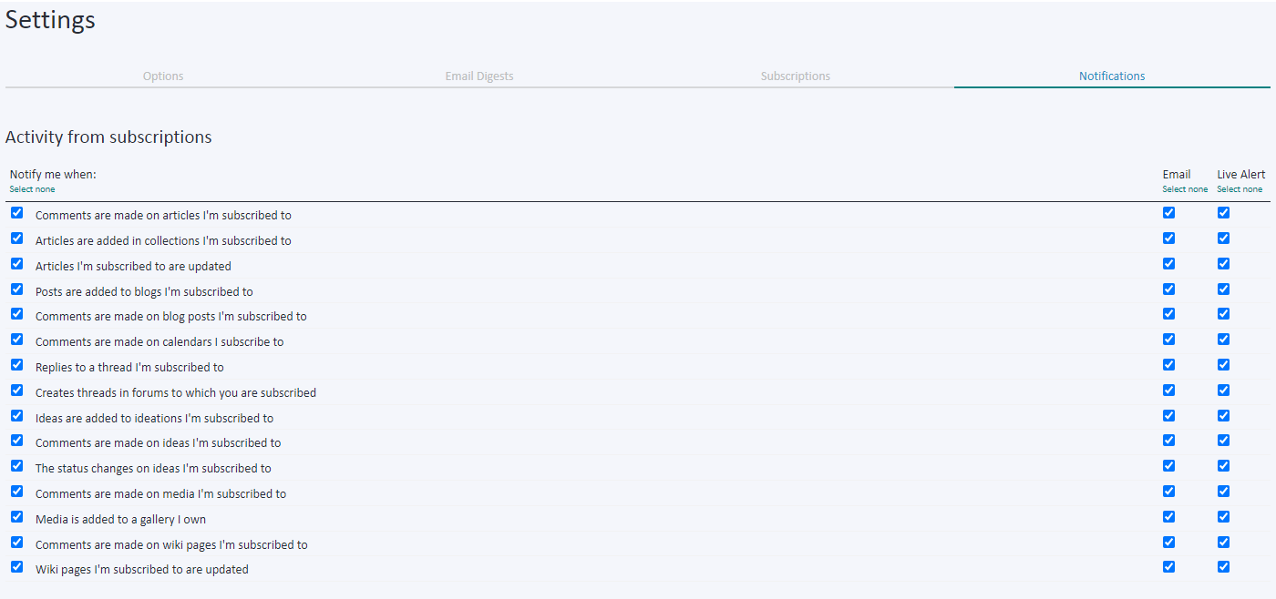 Screenshot of the 'Notifications' tab in profile settings with various notification options for subscription activities, all set to notify by both 'Email' and 'Live Alert'.