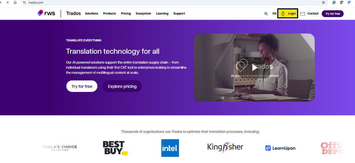 RWS website homepage with a purple banner, 'Translation technology for all' text, and a highlighted 'Login' button in the top navigation bar.