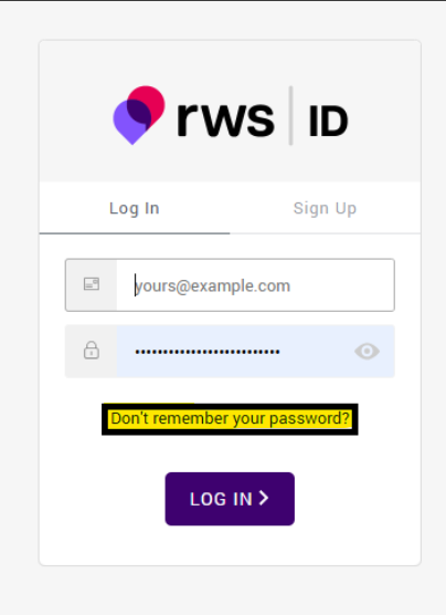 RWS login screen with fields for email and password, a 'Don't remember your password?' link highlighted, and a 'Log In' button below.