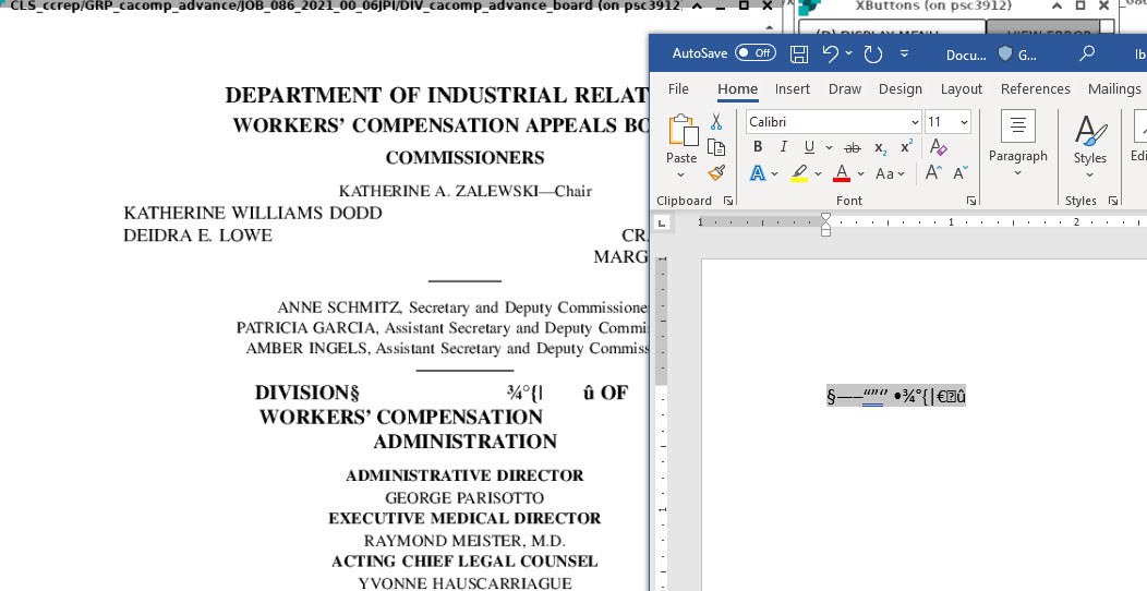 Screenshot of a Word document with text 'DEPARTMENT OF INDUSTRIAL RELATIONS WORKERS' COMPENSATION APPEALS BOARD' and a section of special characters not displaying correctly.