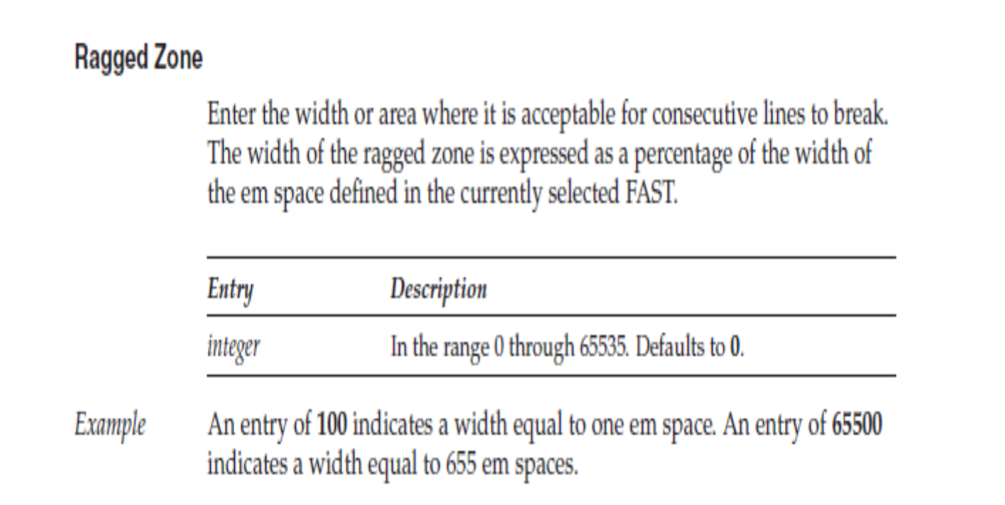 Screenshot of Trados Studio documentation section titled 'Ragged Zone' describing the width of the ragged zone as a percentage of the em space defined in the currently selected FAST, with an example provided.