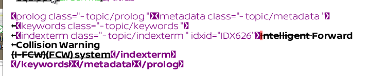 Screenshot of XML code with indexterm tags for 'Intelligent Forward Collision Warning (I-FCW)(FCW) system', missing TRACE markers.