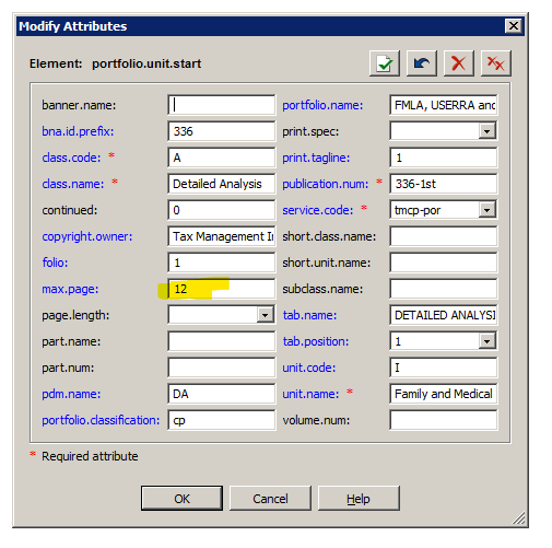 Modify Attributes window in Trados Studio showing portfolio.unit.start element with max.page set to 12 highlighted in yellow.