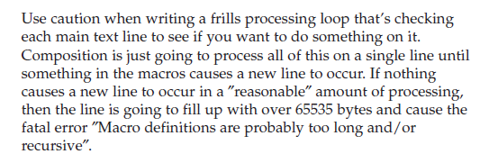 Warning message about frills processing loop in XPP documentation stating to use caution as lines over 65535 bytes cause a fatal error due to long or recursive macro definitions.