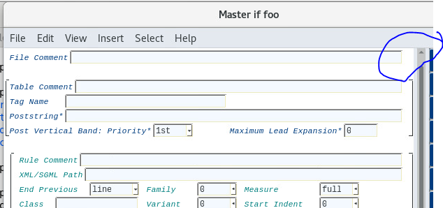 Screenshot of Trados Studio interface showing the Master if foo window with a focus on the RHEL default scrollbar for GTK3. The scrollbar has forward and backward steppers visible.