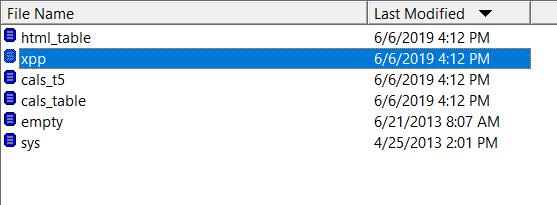 Screenshot of a file explorer window with folders named html_table, xpp, cals_t5, cals_table, empty, and sys, highlighting the xpp folder.