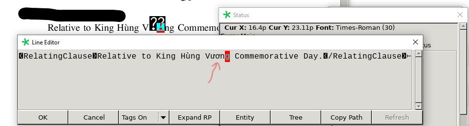 Screenshot of XPP v9.4 software with a Line Editor window open, displaying text with Vietnamese characters. A status window indicates the current font is Times-Roman (30). A red arrow points to a character issue in the text.