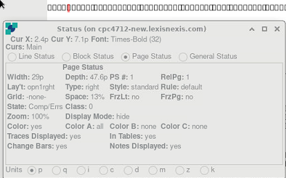 Screenshot of a status window from XPP software showing various settings such as current X and Y coordinates, font type, layout, grid, zoom level, color settings, and display modes. No visible errors or warnings.