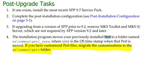 Screenshot of a document section titled 'Post-Upgrade Tasks' with a highlighted sentence: 'If you have customized Perl files, migrate the customizations to the xzcommonperl folder.'