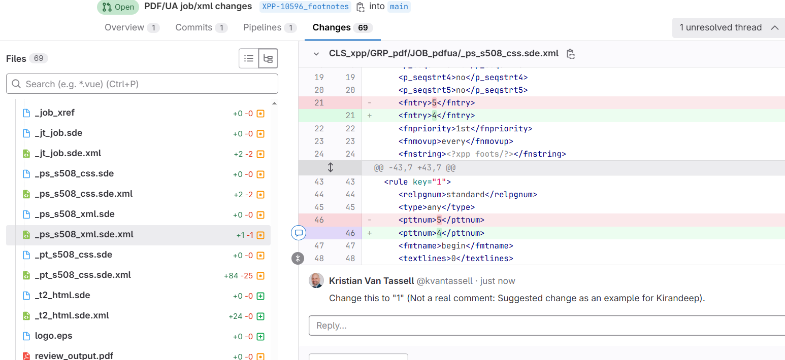 Screenshot of a GitHub code review interface showing changes to a file named _ps_s508_css.sde.xml. The changes include modifications to XML tags such as 'fnentry', 'fnpriority', 'fnmovup', and 'pttnum'. A comment by Kristian Van Tassell suggests changing a rule key to '1'.