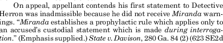 Screenshot of a legal text discussing Miranda warnings and custodial statements during interrogation, with emphasis on certain phrases.