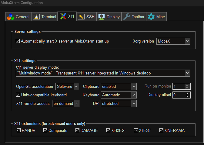 Screenshot of MobaXterm configuration settings, showing X11 settings, server settings, and advanced X11 extensions options.