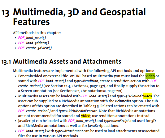 Screenshot of a document titled 'Multimedia, 3D and Geospatial Features' with a section on 'Multimedia Assets and Attachments' describing API methods for handling multimedia in PDFs.