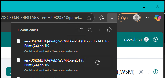Browser downloads panel showing two files with the message 'Couldn't download - Needs authentication' for both files.