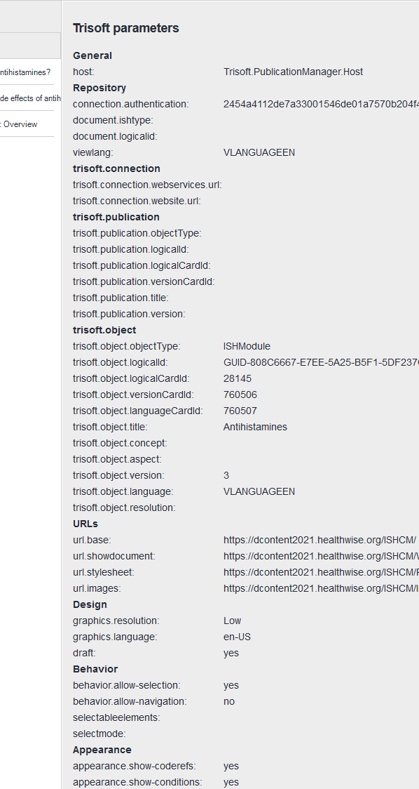 Screenshot of Trisoft parameters showing General, Repository, trisoft.connection, trisoft.publication, trisoft.object, URLs, Design, Behavior, and Appearance sections with values for each field. Notable fields include trisoft.object.concept and trisoft.object.aspect with no visible errors.