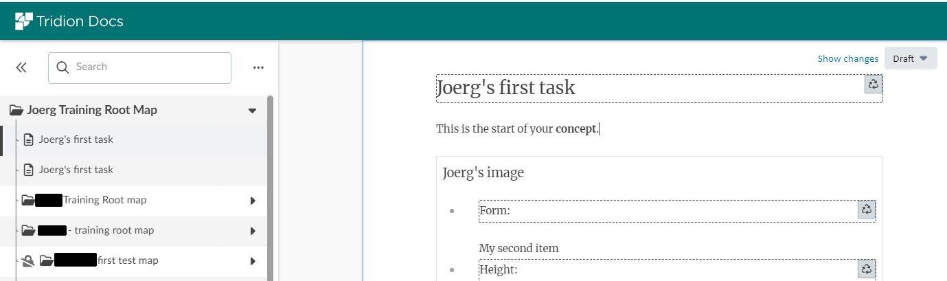 Screenshot of Trados Studio interface showing Joerg's first task in the Tridion Docs with a title conref'ed from the next topic and 'Form:' and 'Height:' conrefed from a library within an unordered list.